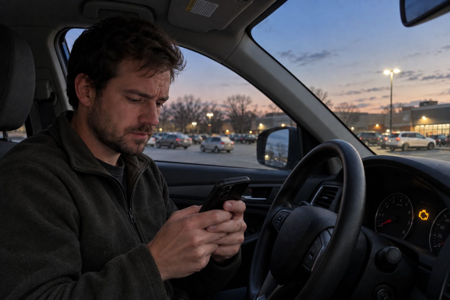 A driver in a parked car checking his phone while the check-engine light is on
