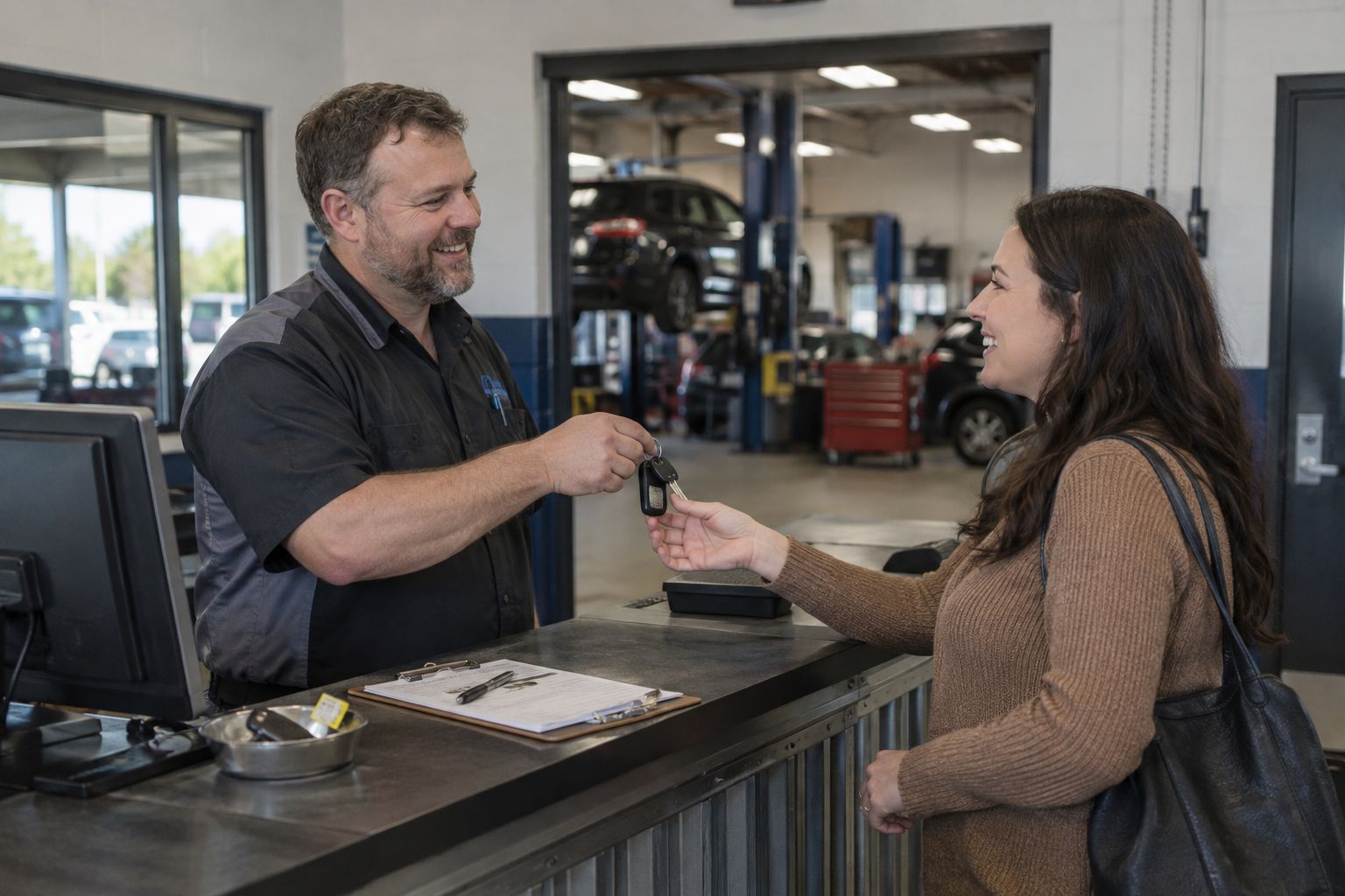 A service writer handing car keys back to a smiling customer at the front counter